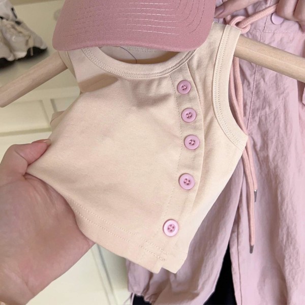 Kid Girl Crewneck linne Sommar Casual Fashionabla knapp ärmlös skjorta Blus för fest Rosa 130