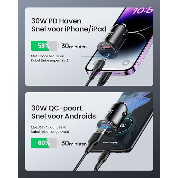 52.5W Biloplader [USB C + USB A], PD & QC 3.0 Hurtigopladende USB-adapter, Bilopladningsadapter til iPhone iPad Samsung