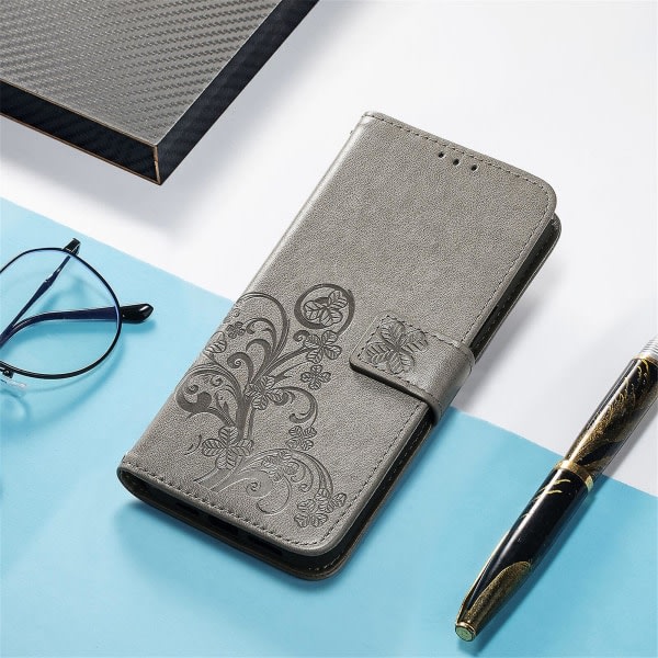 Case För Oppo Reno 7 Pro 5g Cover Plånbok Clover Präglat skyddande läder Phone case Magnetisk - Grå Grey A
