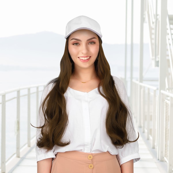 Fashionabla vit cap Hatt Peruk Långt lockigt frisyr utomhus hårförlängning ljusbrun