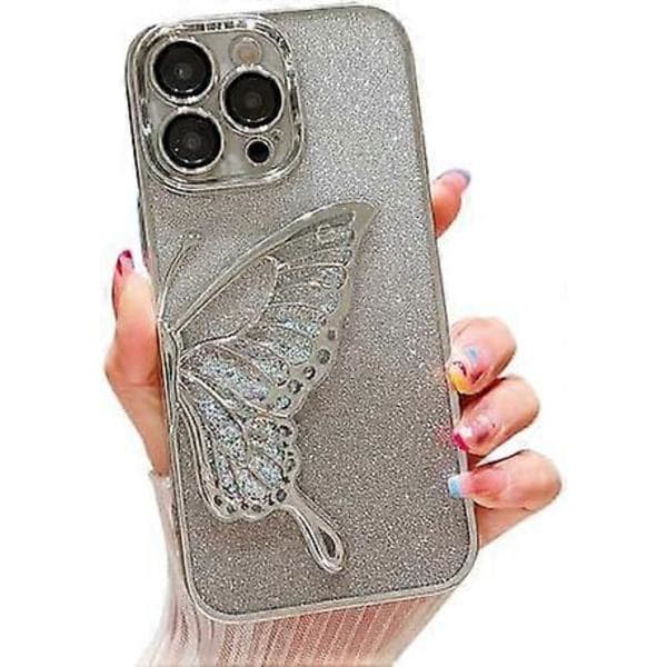 Gradient Glitter Sommerfugl Sandskal til iPhone 15 Pro Max, Transparent Sølv Etui til Kvinder & Piger