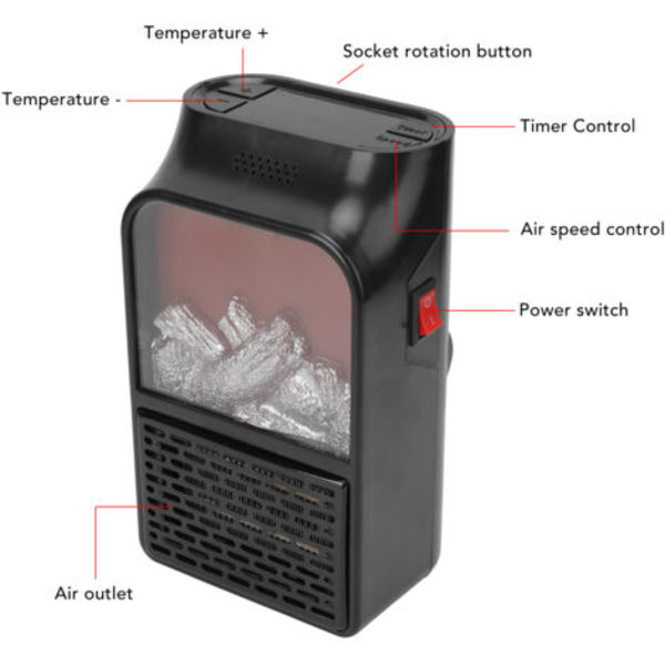 Bærbar elektrisk keramisk varmeovn, 900W, liten vifte, PTC, for peis, med simulert flamme, EU-plugg.pa