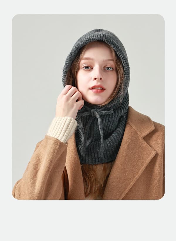 Chunky Strikket Balaclava Vinter Varm Helansigtsmaske Blød Hue Tørklæde Hætte til Mænd Kvinder, Strækbar Polyester, Sort