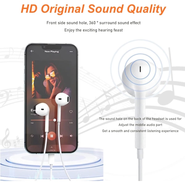 Trådbundna hörlurar med Lightning-kontakt, HiFi-stereohörlurar med mikrofon och volymkontroll i örat, kompatibla med iPhone 14/13/12/SE/11/X.pa