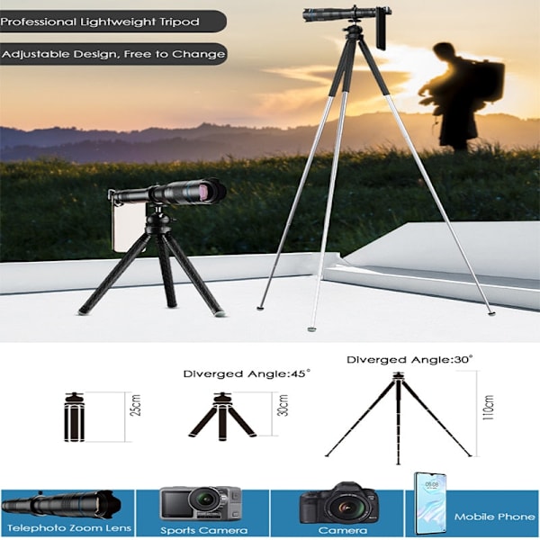 APEXEL 60x Super Telefoto Zoom Telefonlins 36X 28X Kraftfullt Monokulärt Metallteleskop Mobil Teleobjektiv för Campingturism 36X With Tripod