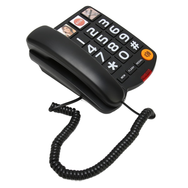 Storknappstelefon Multifunksjons ett-trykks oppringing Håndfri fasttelefon med ledning med høyttaler for seniorer Svart