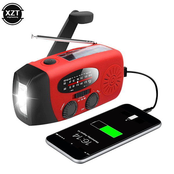 Vevradio med Solcellepanel, Lommelykt og Powerbank rød red