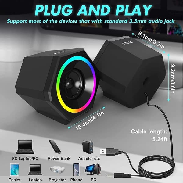 Datorhögtalare 10W Gaming PC Högtalare USB-driven med Förbättrad Bas, Regnbåge