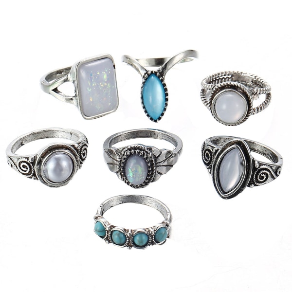 7 stk Vintage Opal Turkis Gemstone Carving Knoke Ring Sett