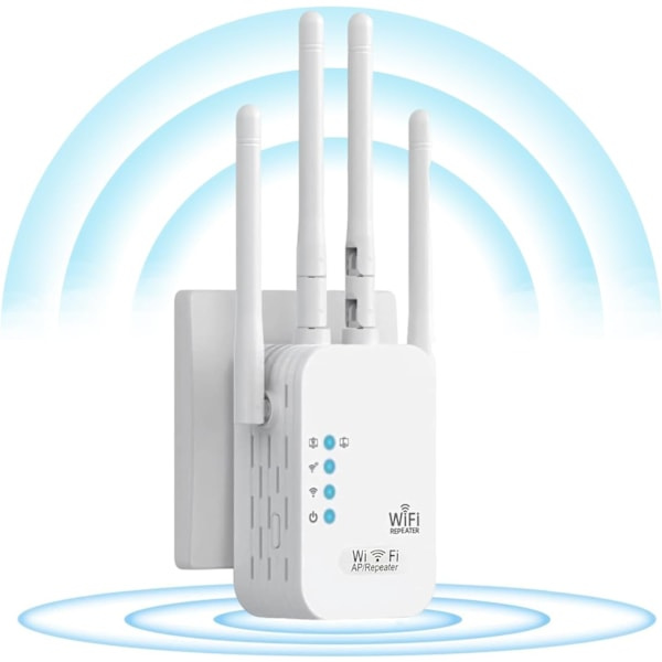 WiFi Repeater, WiFi Booster Förlängare, 4 Antenner, 2 LAN-portar, Repeater/Router/AP-lägen, WiFi Signal Repeater för Hem och Kontor