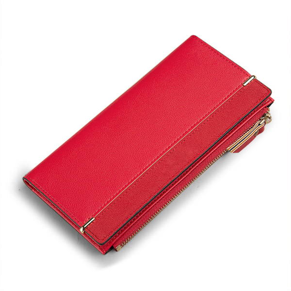 Lång plånbok för damer PU-läder blixtlåsplånbok Tvåfaldig myntväska Red