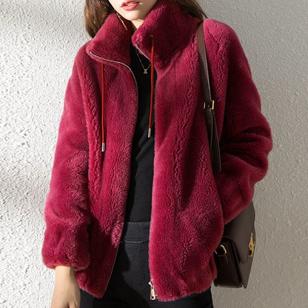 Dame fleece fluffy Teddy Bear Coat Plain Pocket Jakke Yderbeklædning Rød