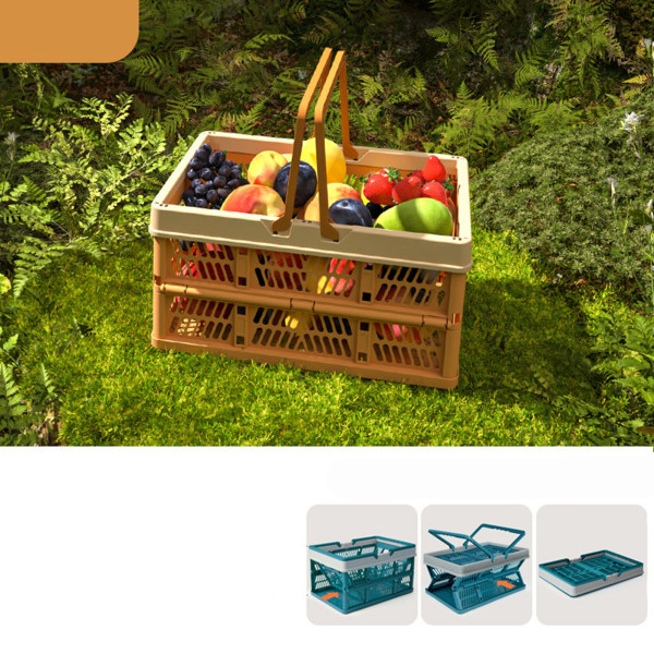 Piknikkurv Sammenleggbar middels japansk stil bærbart håndtak reisebærekurv for utendørs hjemmekaffefarge med beige