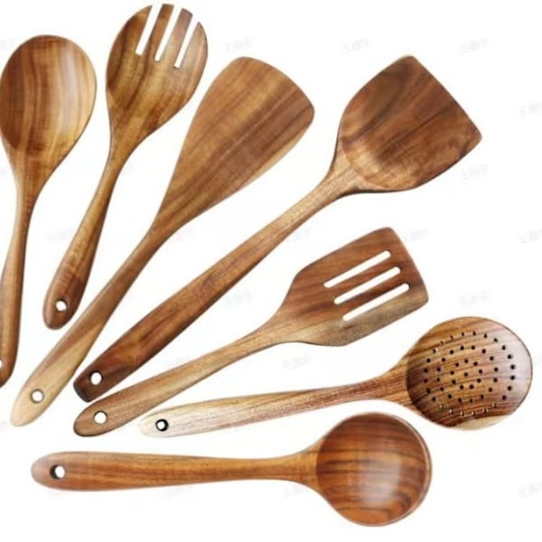 Teak heltre spatler, non-stick panne stekespatel, kjøkkenutstyr, syv-delt sett, trespatel, suppeøse, sil, komplett sett med bestikk