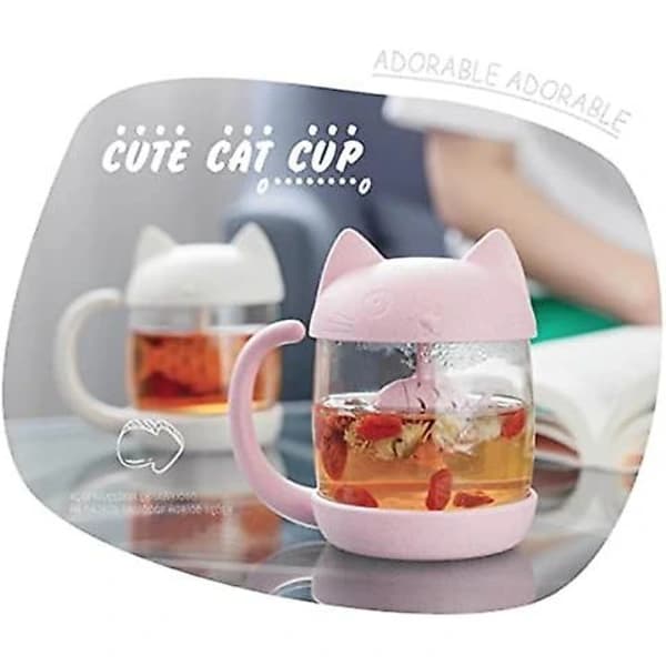 Kattglass Tekopp Vannflaske - Med 250ml (8oz) Fishbread Infusionsfilter (rosa)