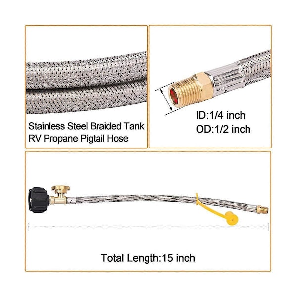15 tommer RV Propanslange Pigtail med Måler til 5-40Lb Tanke - Rustfri Flettet Propanslange Hurtig