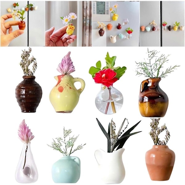 8 stk Mini Vase Magneter - Knoppvaser Magnetiske 2025 Nye Søte Mini Keramiske Magneter For Kjøleskap 3D Keramisk Blomstervase Morsomme Kjøleskapstilbehør