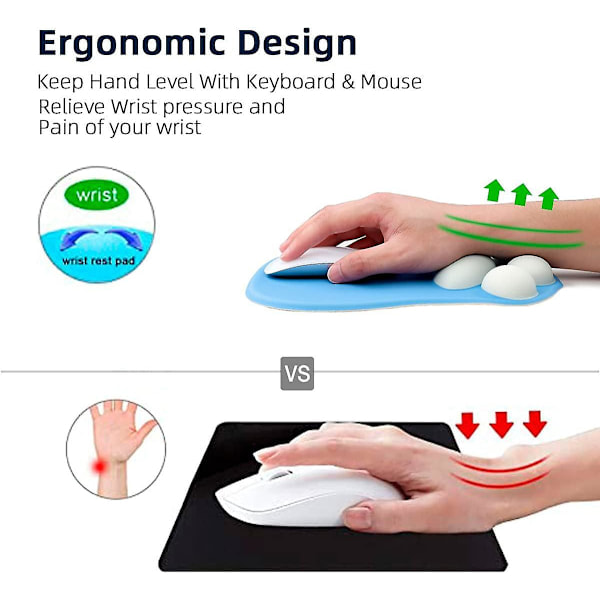 Musmatta med kattfot och handledsstöd, bärbar ergonomisk halkfri gamingmusmatta för handledssmärta (27,2 x 19,6 x 2,8 cm) (Blå)