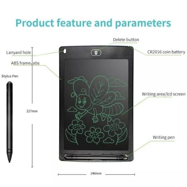 Digitaalinen piirustusalusta lapsille, tabletti ja kynä, monivärinen LCD 8,5  \" musta