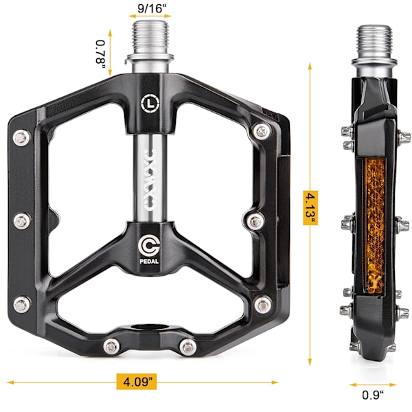 Cykelpedaler med reflekser og 3 forseglede lejer Aluminiumlegering Bred platform Pedaler Cykel 9/16 tommer Letvægts skridsikker til Mountainbike Road