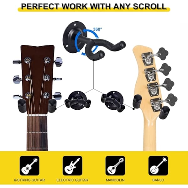 2-PACK Gitarrväggfäste, Svart Metall Väggmonterat Gitarrställ Hängare Hållare Ställ för Akustisk Elgitarr Bas Folkgitarr Ukulele Mandolin Banjo
