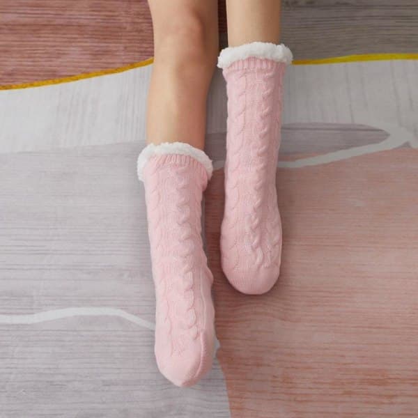 Varma stickade strumpor, halkstrumpor, tjocka vinterstrumpor, inneskor, rosa, One Size