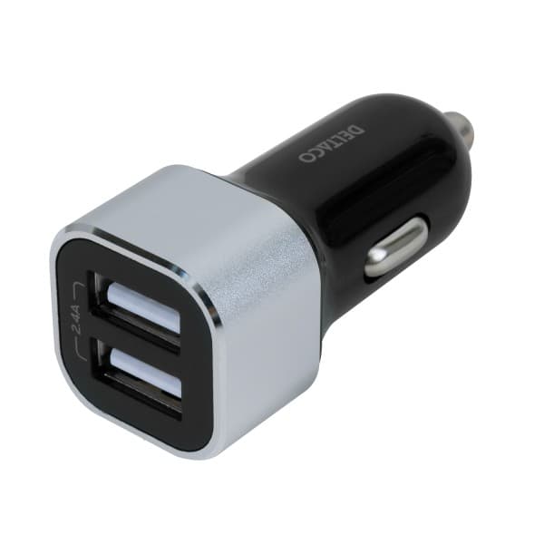 USB biloplader, 2x USB-A, 2.4 A, total 17 W, sort/sølv