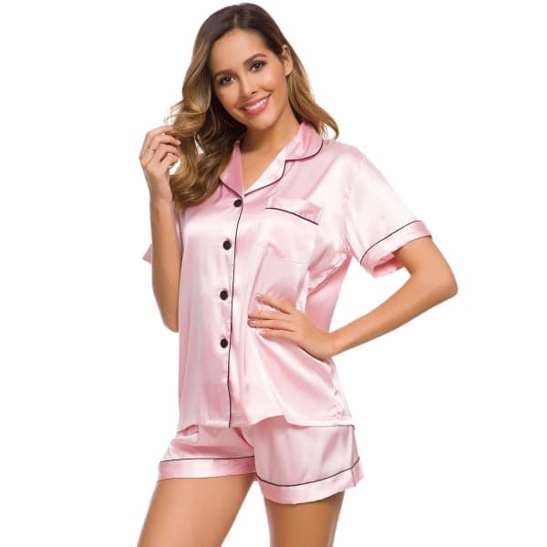 Satinpyjamas för dam, korta pyjamasar med knappar, V-ringad rosa L