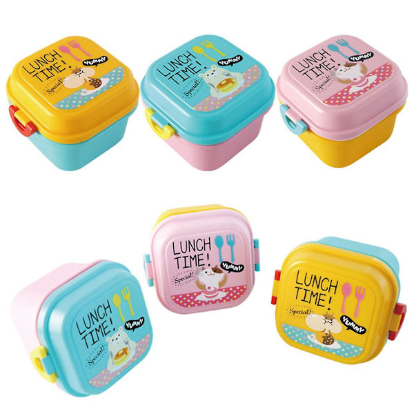 Barnmatbehållare Bärbar 2-lagers Fodral Färgglad Tecknad Djurtryck Liten Bento Lunchlåda med Lock Mikrovågsugn Snack Organizer Keeper