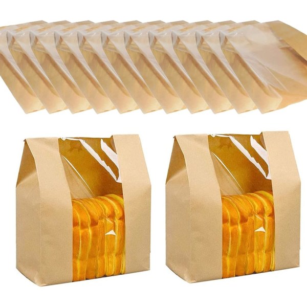 50 styk Kraft Food Packaging papirpose, brødpose med vindue,—PA