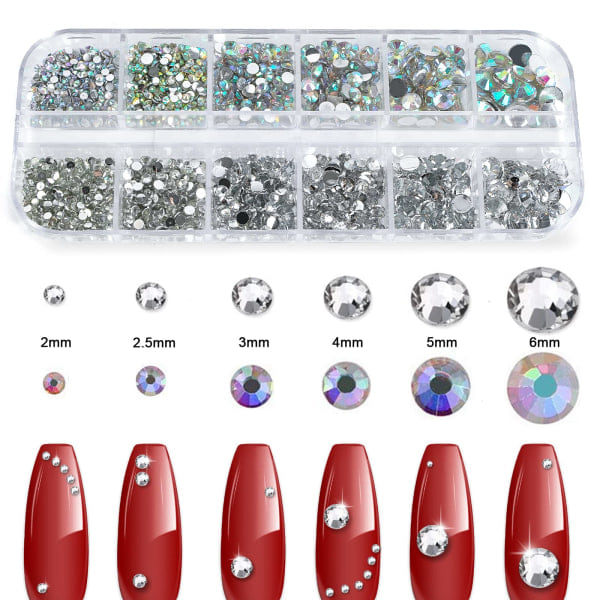 Rhinestones i 6 størrelser Gems-Nail Art Gems med plukkepinsett og Rhinestone Picker Dotting Pen