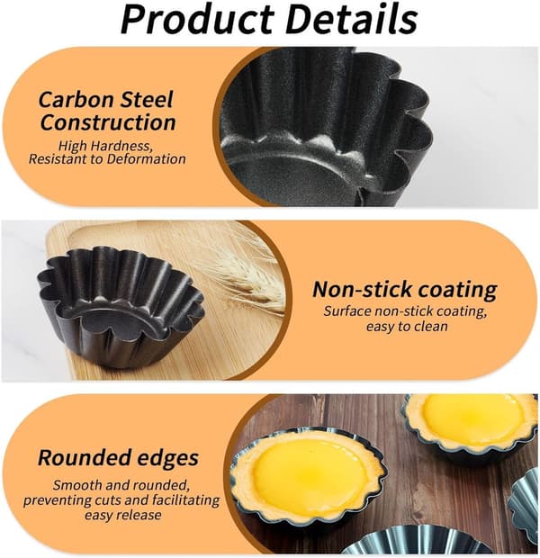 12-pack Mini Tartelettformar 6,5 cm Nonstick Kolstål Äggtartelettformar Återanvändbara Bakformar för Quiche Cheesecake Cupcake Pudding, Svart