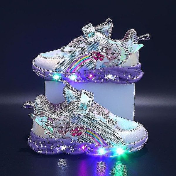 Piger Led Casual Sneakers Elsa Prinsesse Print Udendørssko Børn Lysende Skridsikre Sko til Forår og Vinter-yzy Purple P 33-indersål 20.6cm_paris