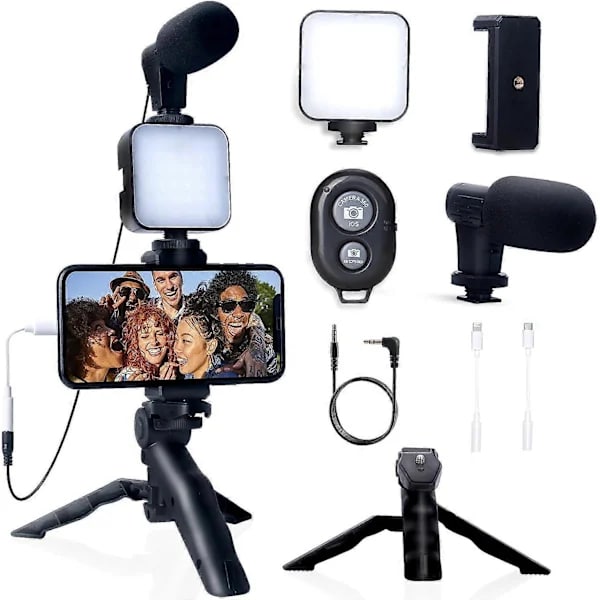 Smartphone Vlogging Kit med Stativ & Mikrofon för iPhone Android