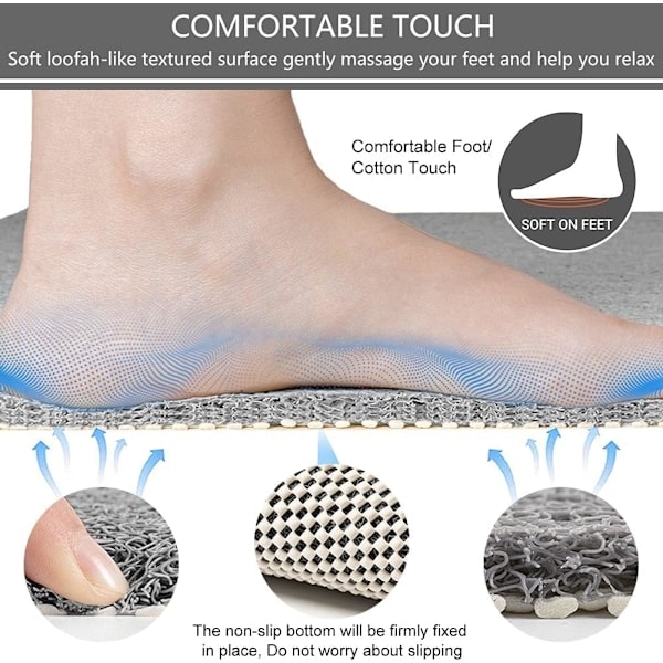 Skridsikker brusemåtte, Loofah brusemåtte til indendørs brusebad, skridsikre bademåtter til våde bruseområder, blød PVC bademåtte fodmassage (grå)