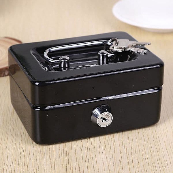 Låsbar metalkasse til værdigenstande - Sort - 12,5x9,5x6 cm