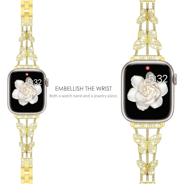 Armband kompatibelt med Apple Watch för kvinnor, glittrande fjäril, mode metall bling rostfritt stål länkarmband ersättningsarmband Guld Gold 38/40/41mm