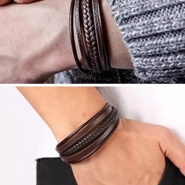 Vevd armbånd PU skinn metall personlighet Fasjonable wrap vevd armbånd for menn brun