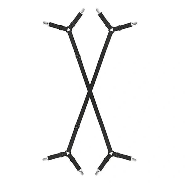 Justerbar elastisk lagenstrammer, madrasclips med lange stropper, sort