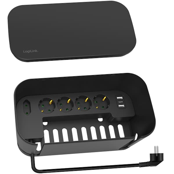 Kabelboks - Kabelgemme med stikdåse + USB-A/USB-C-opladning Sort