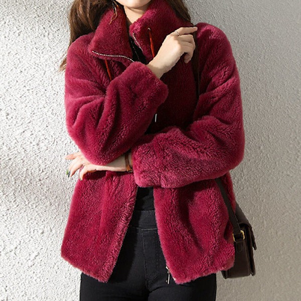 Dame fleece fluffy Teddy Bear Coat Plain Pocket Jakke Yttertøy Rød