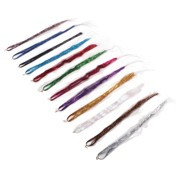 12 stk Hair Tinsel Strands Kit Glitter Fargerikt silke hårforlengelsessett med heklenål