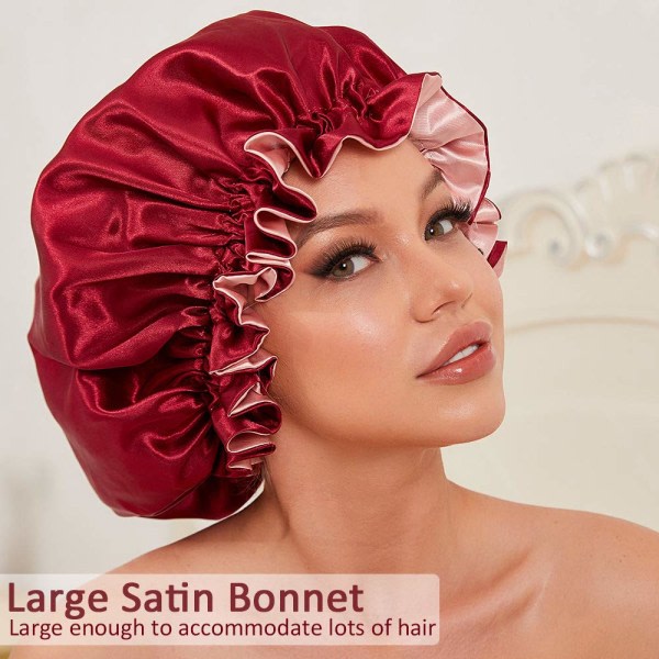 Silk Bonnet för naturligt hår Bonnets för svarta kvinnor, satin Wine Red