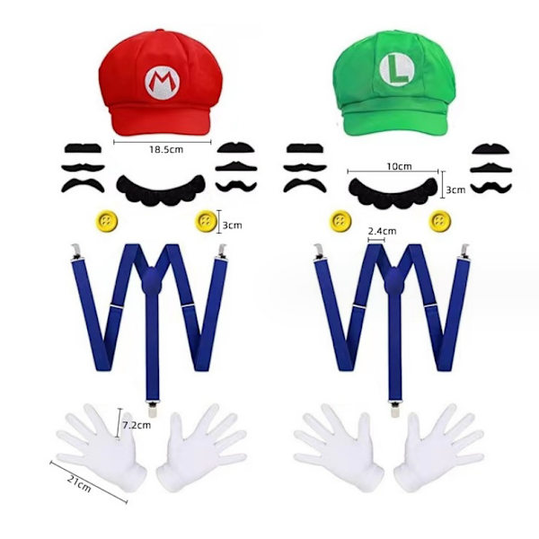 Mario Halloweenhatt, hängslen, 4 handskar, 14 mustascher, 4 knappar Co