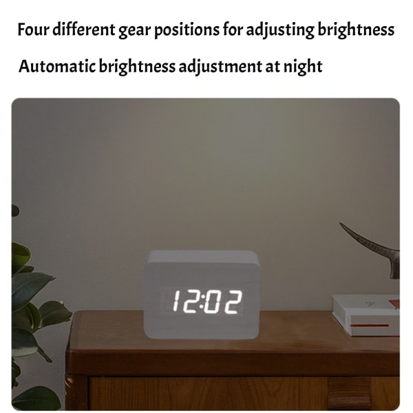 Digital träväckarklocka med justerbar ljusstyrka, röststyrning, LED-display, rektangulär form, tid, temperatur, heminredning