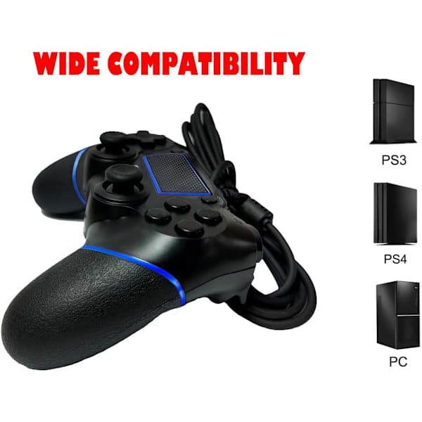 Kablet Spilcontroller til PS-4/Pro/Slim/PC(Win7/8/10)/Laptop, USB-stik Spilcontroller med Vibration og Skridsikker, Ergonomisk