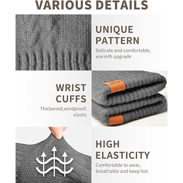 Termiske Handsker til Vinter - Fleeceforet Touchscreen Strikket Termisk i Stretch til Løb Ski Cykling Cykling Vandreture Camping - Herre Dame Grey