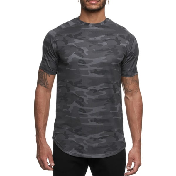 Sportsskjorte for menn Hudvennlig Hurtigtørkende Pustende Komfortabel T-skjorte med rund hals for løping Yoga Black Camouflage XL