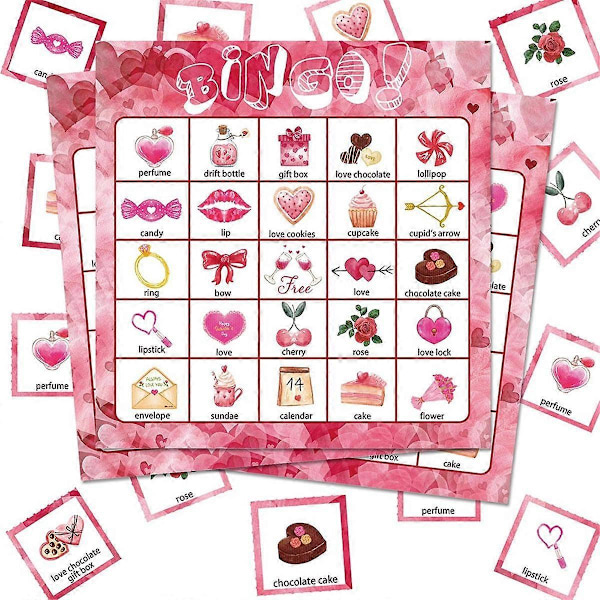 Valentines Day Bingo Spillkort 24 Spillere for Barnefest Kortspill, Skole Klasseromsspill, Love.pa