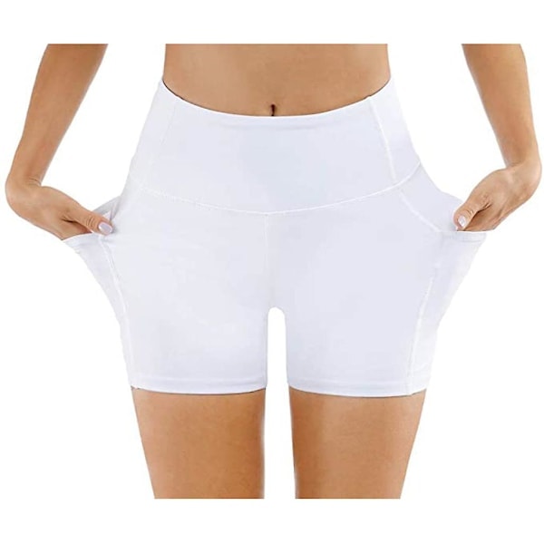 Paris_Yogashorts, damshorts, sidofickor med telefonficka, hög midja, yoga, fitness, gym, träningsbyxor, vita (M)